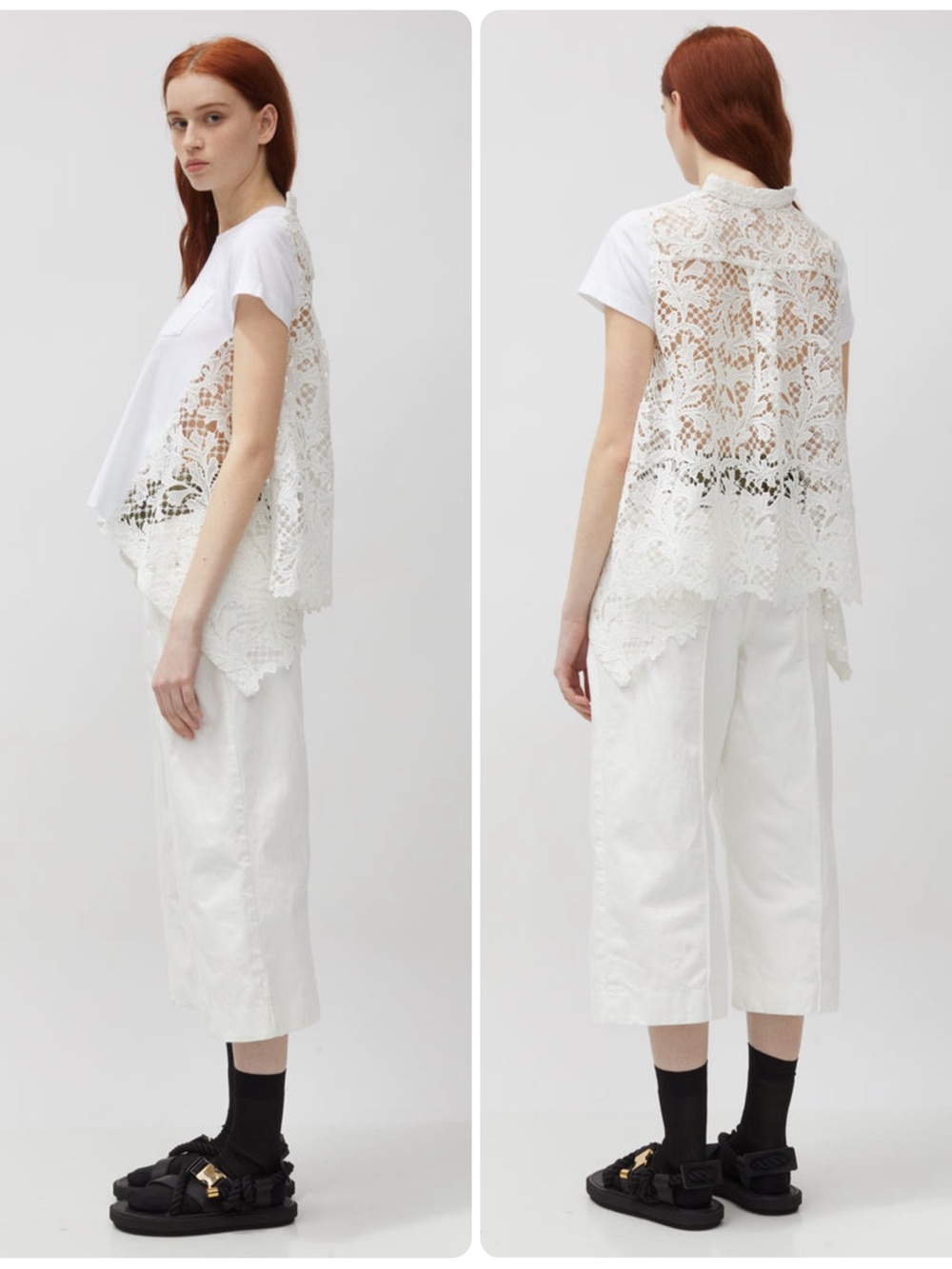 SACAI White Embroidered Guipure Lace Cotton Tee Shirt Top Sz Small